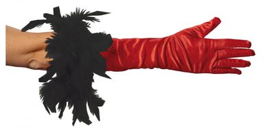 lange Handschuhe rot m schwarzer Boa Damen Karneval Halloween Fasching