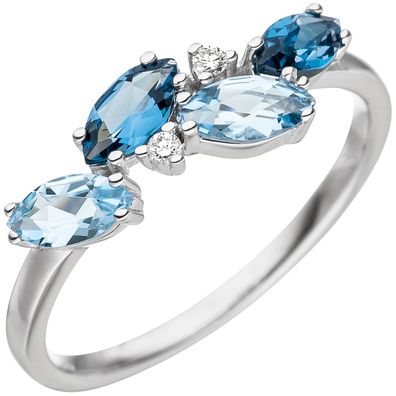 Damen Ring 585 Weißgold 4 Blautopase hellblau blau 2 Diamanten Brillanten.