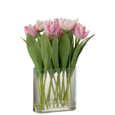 J-Line Tulpen in Vase, oval, Kunststoff, Glas, Rosa, H 38 cm