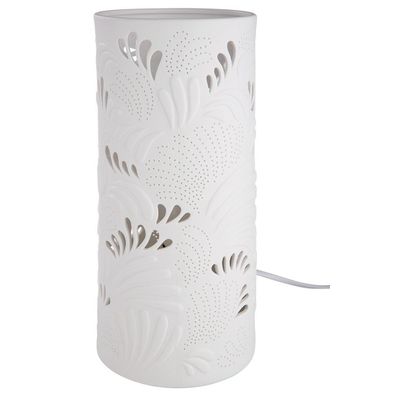 Porzellan Lampe Zylinder Blattwerk, Tischleuchte, weiß, D12x28cm, von Gilde