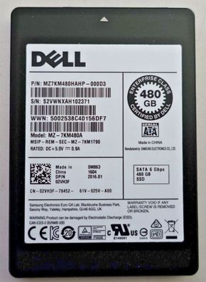 SSD Dell 480GB Enterprise Class SM863 MZ-7KM480A 02VH3F SMART Status "gut"