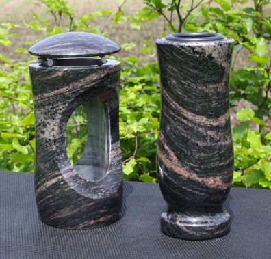 Grablaterne mit Vase Grablicht Grableuchte Grabschmuck aus Aurora Granit