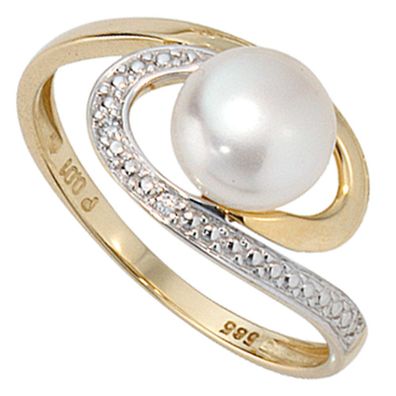 Damen Ring 585 Gold Gelbgold Süßwasser Perle 2 Diamanten Brillanten Perlenring.