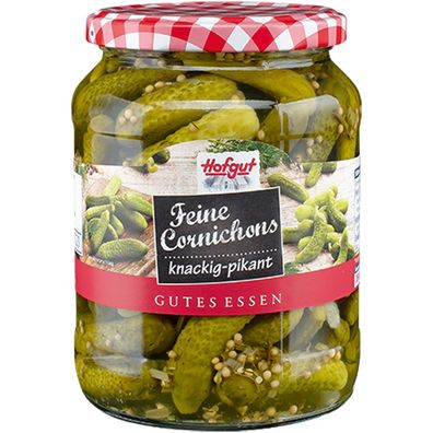 Hofgut Feine Cornichons knackig mit pikant Kräutern im Glas 720ml