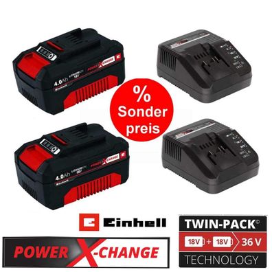 2 x Original Einhell 4,0 Ah Akku und 2 x Ladegerät Power X-Change Li-Ion, 18 V