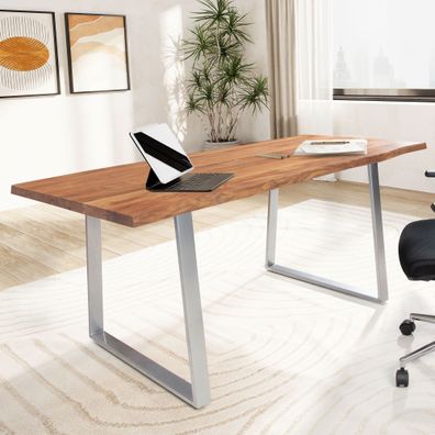 Schreibtisch FineBuy Akazie Massivholz Metall Bürotisch Computertisch Baumkante