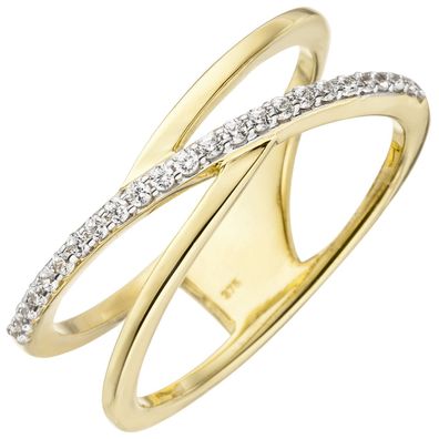 Damen Ring 2-reihig 375 Gold Gelbgold 24 Zirkonia Goldring Breite ca. 6,3 mm