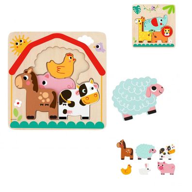 Tooky Toy Kinder Puzzle Holz 7-teilig Sortierspiel, Farbpuzzle, 6 bunte Tiere
