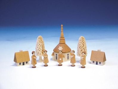 Tischdekoration Kurrendefiguren mit der Seiffener Kirche natur Länge 11 cm NEU