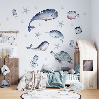 Muralo Wandtattoo Wandsticker für Kinderzimmer Meerestiere Aquarell Aufkleber