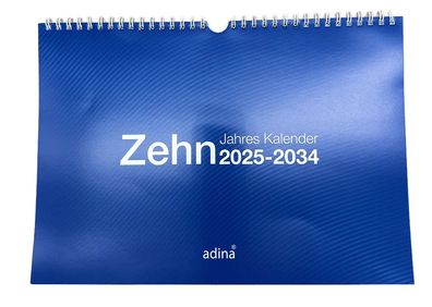 2025 Adina Zehnjahres-Kalender A4 blau Querformat mit Spiralbindung und Wandaufhän...