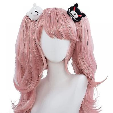 Jusch Junko Enoshima Cosplay-Perécke, synthetische, hellrosa, lange Perécken mit Bäre