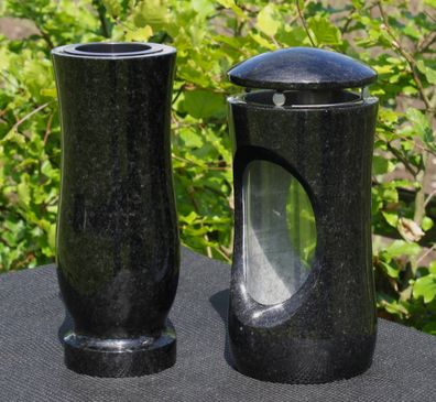 Grablaterne mit Vase Grablicht Grableuchte aus Granit Schwarz Schwede