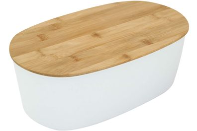 Brot Aufbewahrungsbox Kunstoff oval weiß mit Bambus Schneidebrett 35 cm