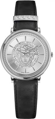 Versace VE8101719 V-Circle Lady weiss silber schwarz Leder Armband Uhr Damen NEU