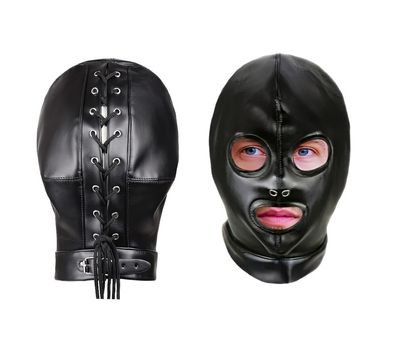 Gesichtsmaske Lederoptik Maske Schnur Verschluss Fetisch Kunstleder BDSM Rollenspiele