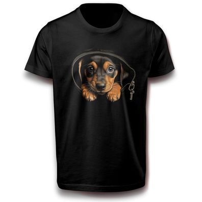 Hündchen in der Tasche Hund Hunderasse Haustier Süß Treu Baumwolle T-Shirt schwarz