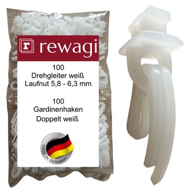 rewagi 100 Drehgleiter PIR & 100 Gardinenhaken doppelt, für Gardinenschiene 6,3