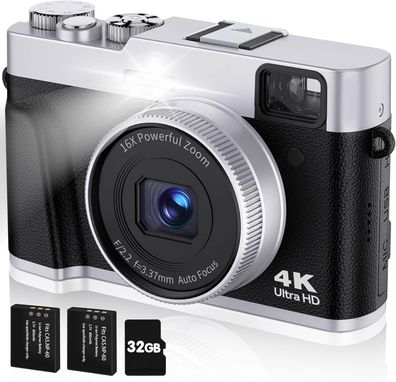 Camkory Digitalkamera 4K 48MP Foto-Kamera Autofokus + 32G Karte, Optischer Sucher