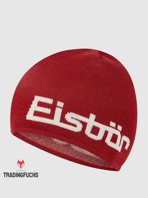 Eisbär Strickmütze für Herren Wintermütze Wollmütze rot mit eingestricktem Logo