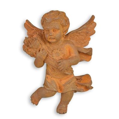 A RUSTY CAST IRON WALL MOUNT PUTTO Holding Flowers