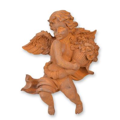 A RUSTY CAST IRON WALL MOUNT PUTTO Holding A Cornucopia