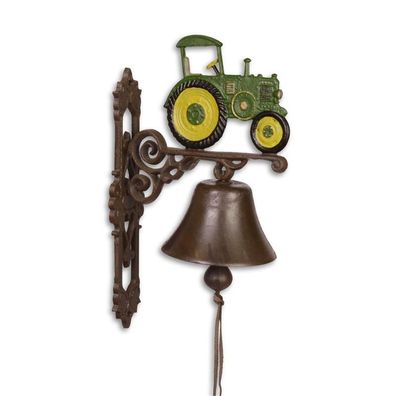 A PAIR OF CAST IRON GREEN AND YELLOW Tractor BELLS