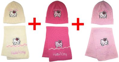Hello Kitty 3er-Winter-Set mit Mütze und Schal für Mädchen in Cremefarben, Pink,