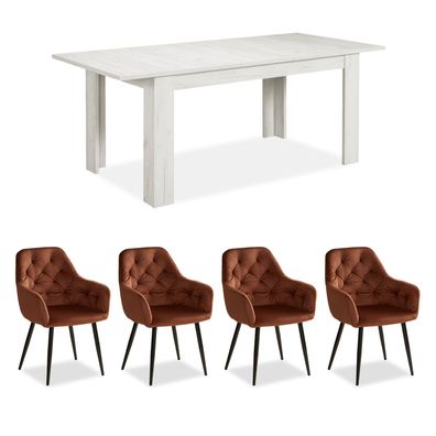 Essgruppe mit 4 Stühlen Samt Braun Esstisch Esszimmertisch Weiß Vintage Holztisch ...