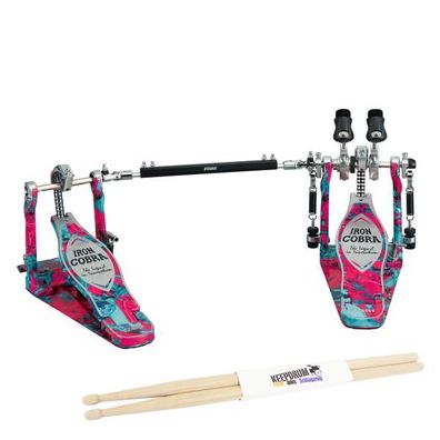 Tama Doppelpedal hp900pwmcs Iron Cobra 900 Marble Coral Swirl mit Schlagzeugstöcken