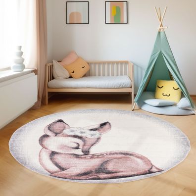 Rehkitz Bambi Kurzflor Kinderteppich Kinderzimmer Teppich Pink Weiss Meliert