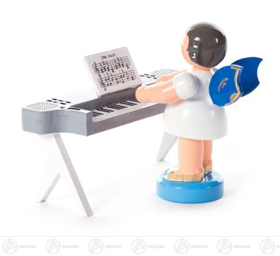 Engel am Keyboard stehend, blaue Flügel BxHxT 7 cmx5,5 cmx5,5 cm NEU Erzgebirge