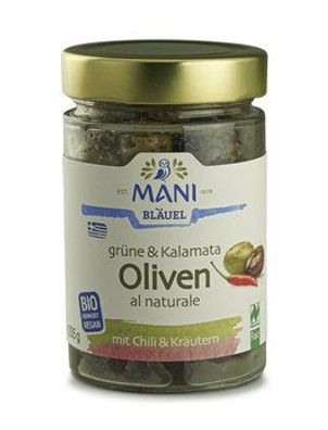 MANI 6x MANI Grüne & Kalamata Oliven al naturale, Chili & Kräutern, bio, NL Fair,