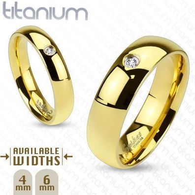 Herren Damen Ring Dome Partnerring aus soliden Titan Gold vergoldet mit Kristall