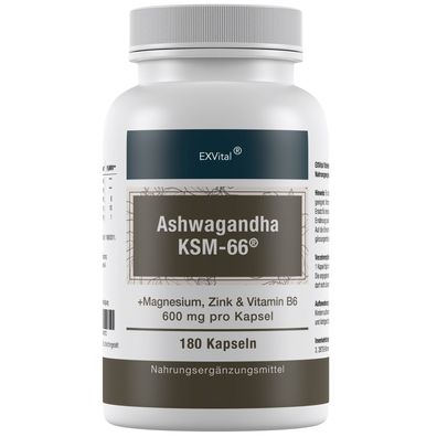 Bio Ashwagandha KSM-66® Premiumrohstoff, 600 mg pro Kapsel, 180 Kapseln