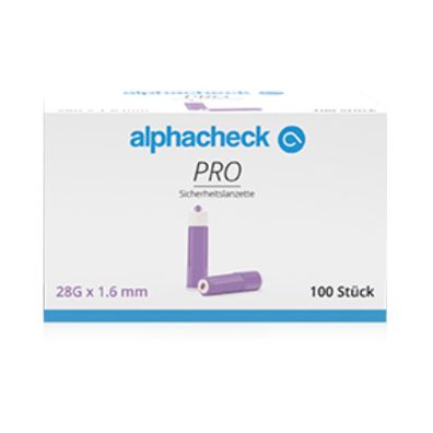 alphacheck PRO Sicherheitslanzette 28G x 1,6 m| Packung (100 Stück)