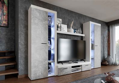 FURNIX Mediawand Alvor XL Wohnwand 4-teilig mit LED 300 cm klassisch Weiß/ Beton