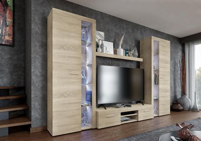 FURNIX Mediawand Alvor XL Wohnwand 4-teilig mit LED 300 cm klassisch Eiche Sonoma