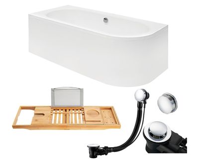 Badewanne Rechteck 170x75 AVITA Links Acrylschürze Bambus Ablage Ablauf und Füße