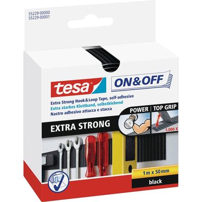 tesa On- und Off-Klettband extra stark, 1m x 50mm, schwarz, schwarz