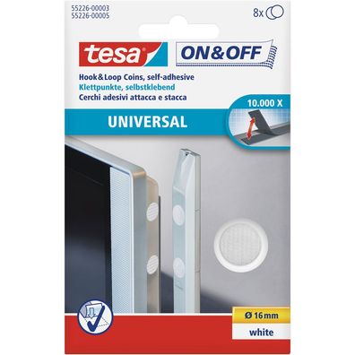 tesa On- und Off-Klettpunkte zum Aufkleben, 8er-Pack (Ø16mm), weiß, weiß