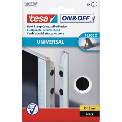 tesa On- und Off-Klettpunkte zum Aufkleben, 8er-Pack (Ø16mm), schwarz, schwarz