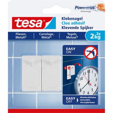 tesa Klebenagel, 2 Stück, für Fliesen und Metall, bis zu 2kg pro Nagel, weiß, we