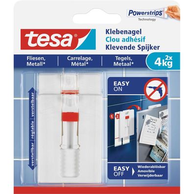 tesa Klebenagel, 2 Stück, für Fliesen und Metall, bis zu 4kg pro Nagel, verstell