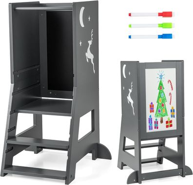 Lernturm Kinder, 2 in 1 Tritthocker Montessori mit 3 verstellbare Höhen & Tafel