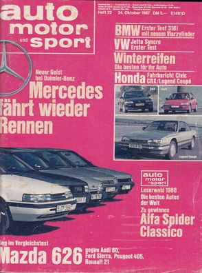 auto motor und sport 22 / 1987, Mazda 626, BMW 318i, VW Jetta, Honda Civic, Mercedes