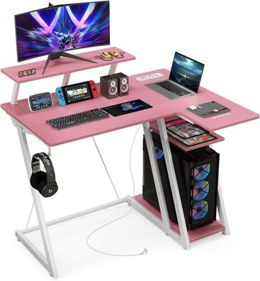 Schreibtisch mit Steckdosen & USB-Anschlüssen, Kleiner Computertisch mit CPU-Ständer