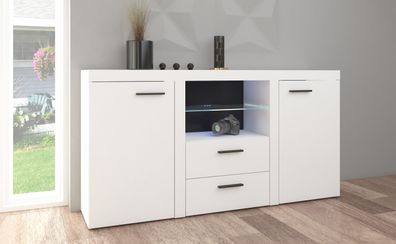 FURNIX Sideboard Alvor mit 2 Schubladen und Glasvitrine 2F2S 156,4 cm modern Weiß