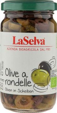 LaSelva 3x Oliven a rondelle - grüne und dunkle Oliven in Scheiben 210g