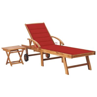 Set aus Sonnenliege und Tisch aus Teak und Auflage in Rot